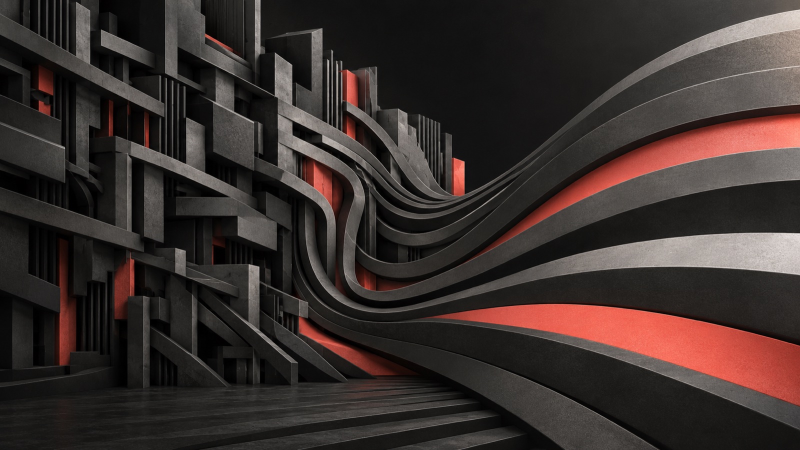 Interwoven graphite structures becoming flowing bands with coral accents