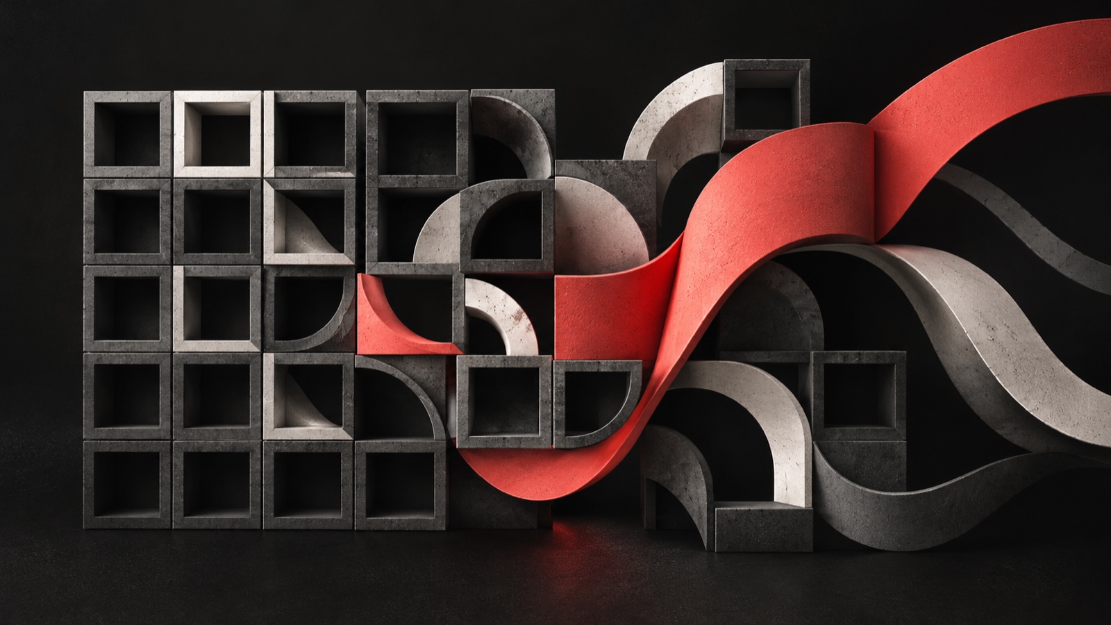 A modular graphite grid opening into freeform coral and pale curves